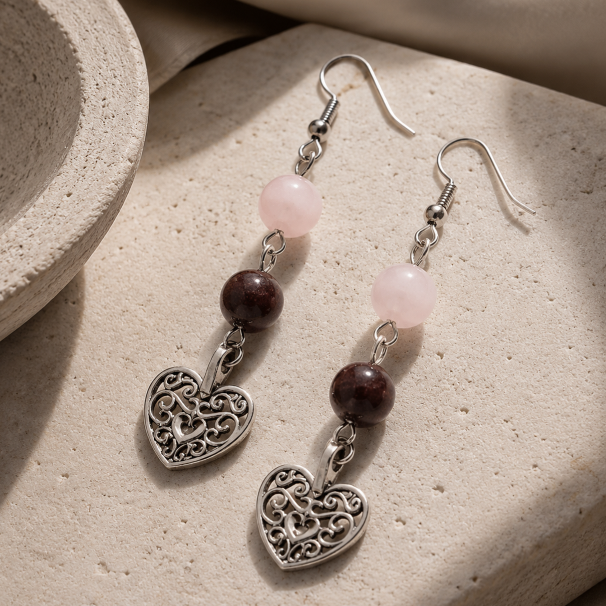 Heart Earrings with Garnet & Rose Quartz