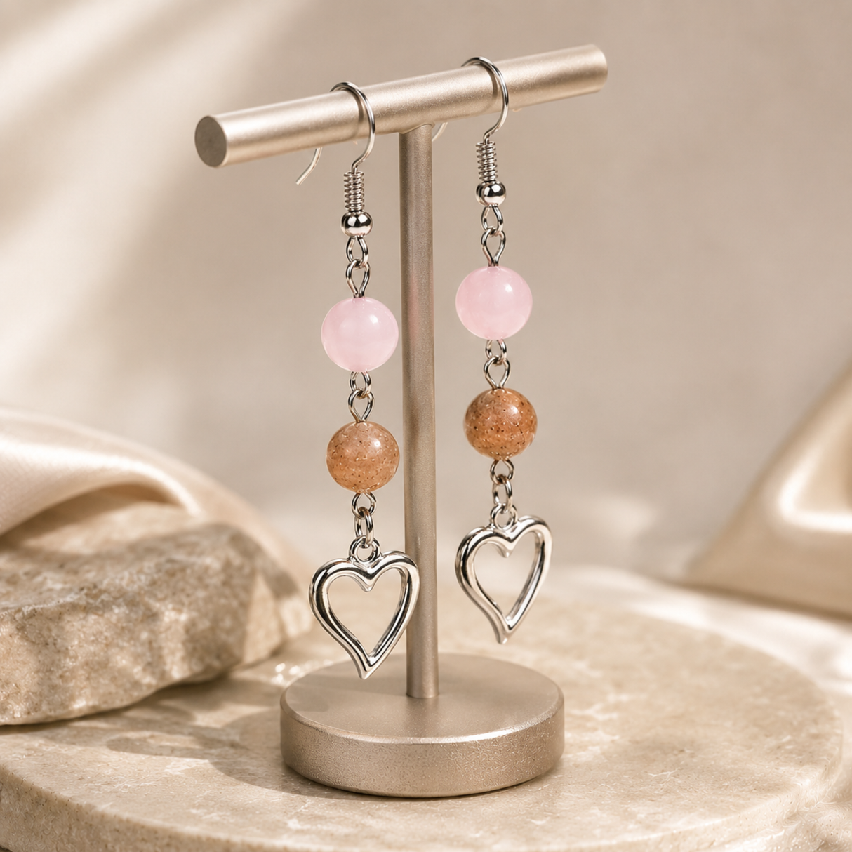 Heart Earrings with Rose Quartz & Strawberry Quartz