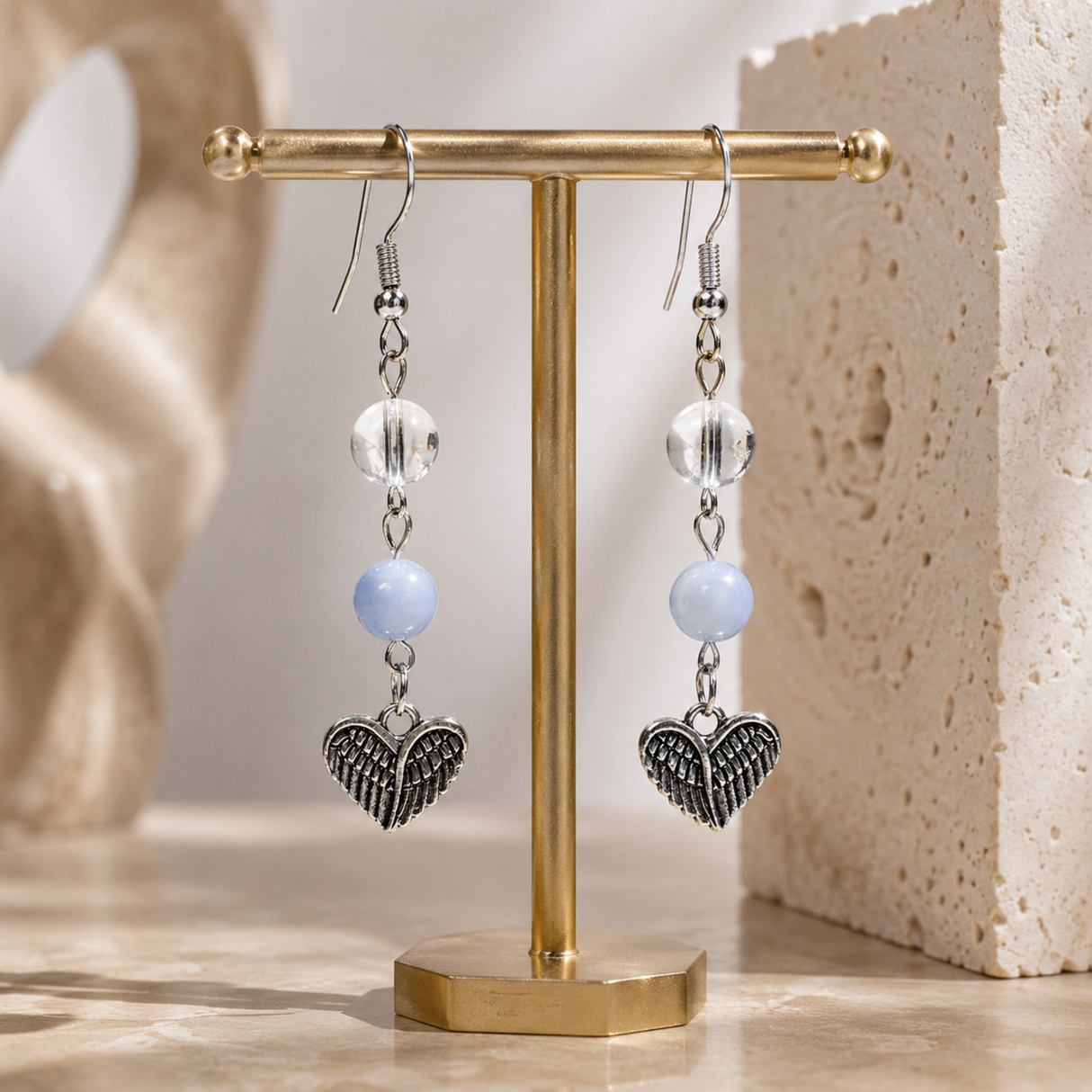 Heart Earrings with Angelite & Rock Crystal