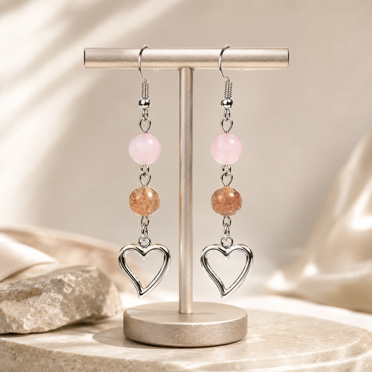 Heart Earrings with Rose Quartz & Strawberry Quartz