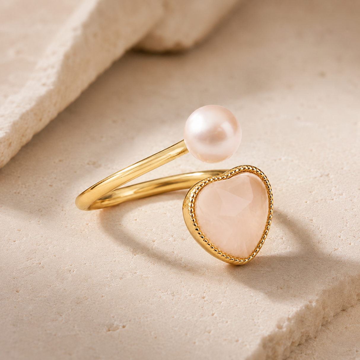 Adjustable Heart Ring with Pearl & Rose Quartz