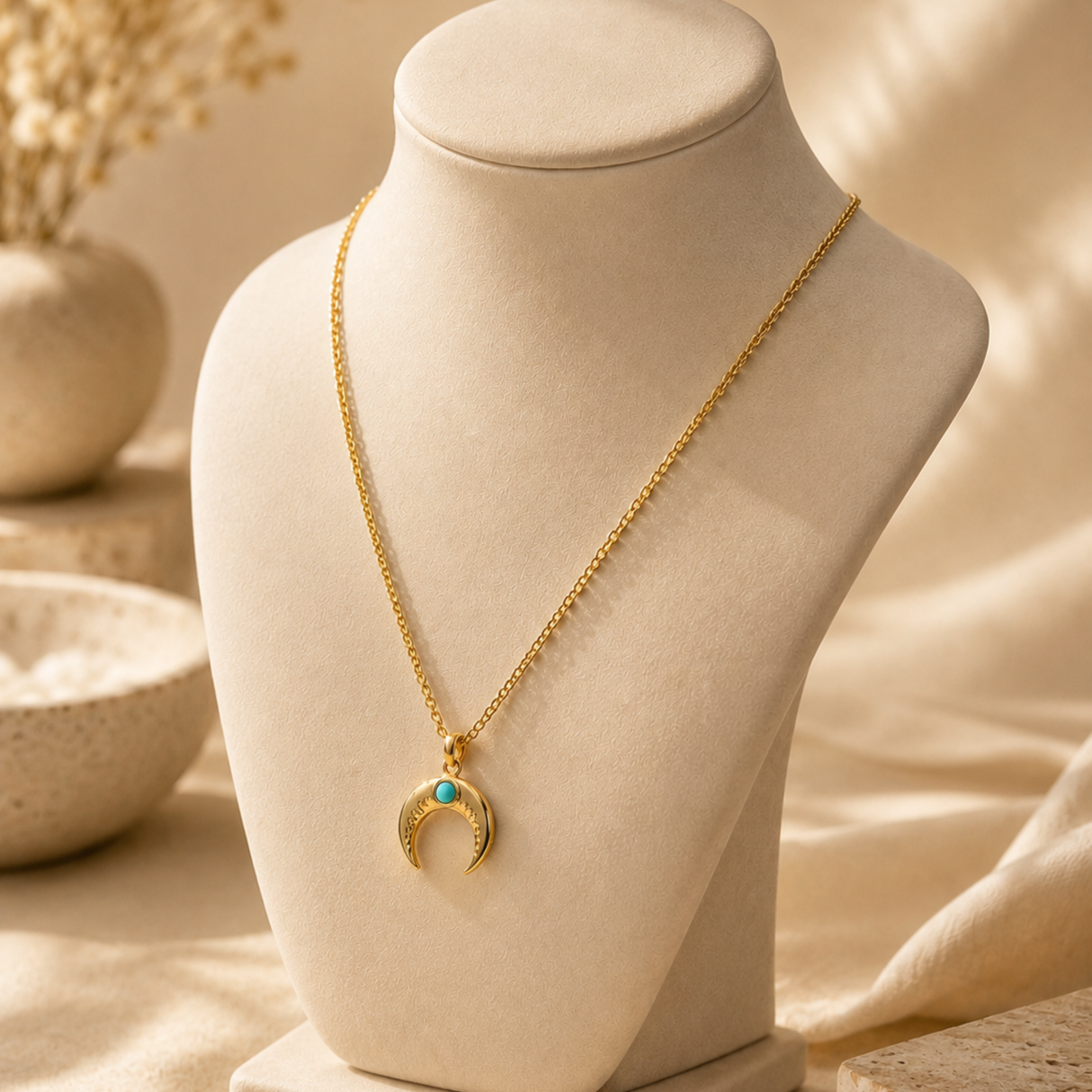 Gold Turquenite Moon Pendant Necklace